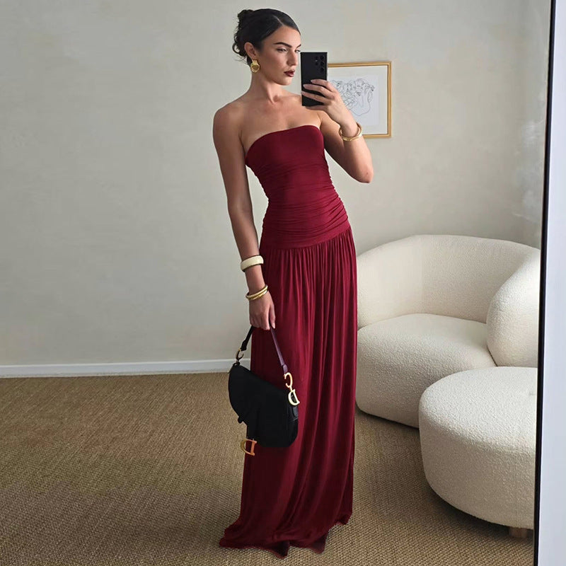 Women's Strapless Bandeau Maxi Dress, Ruched Torso High Waist Flowy Pleated Long Dress