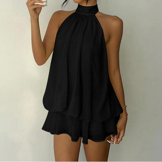 Women Halter Neck Sleeveless Chiffon Mini Dress Layered Ruffle Loose Swing Short Dress