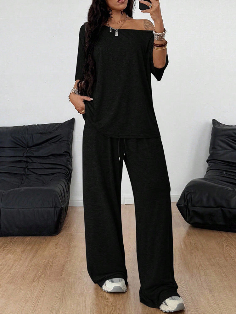 Off-shoulder short-sleeved top and drawstring wide-leg trousers two-piece set