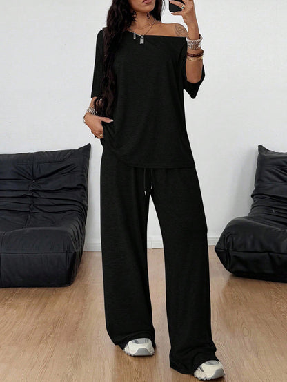 Off-shoulder short-sleeved top and drawstring wide-leg trousers two-piece set