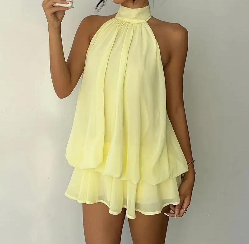 Women Halter Neck Sleeveless Chiffon Mini Dress Layered Ruffle Loose Swing Short Dress