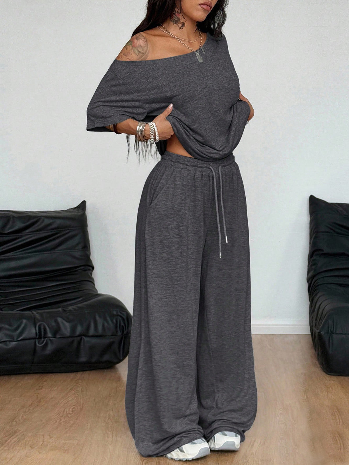 Off-shoulder short-sleeved top and drawstring wide-leg trousers two-piece set