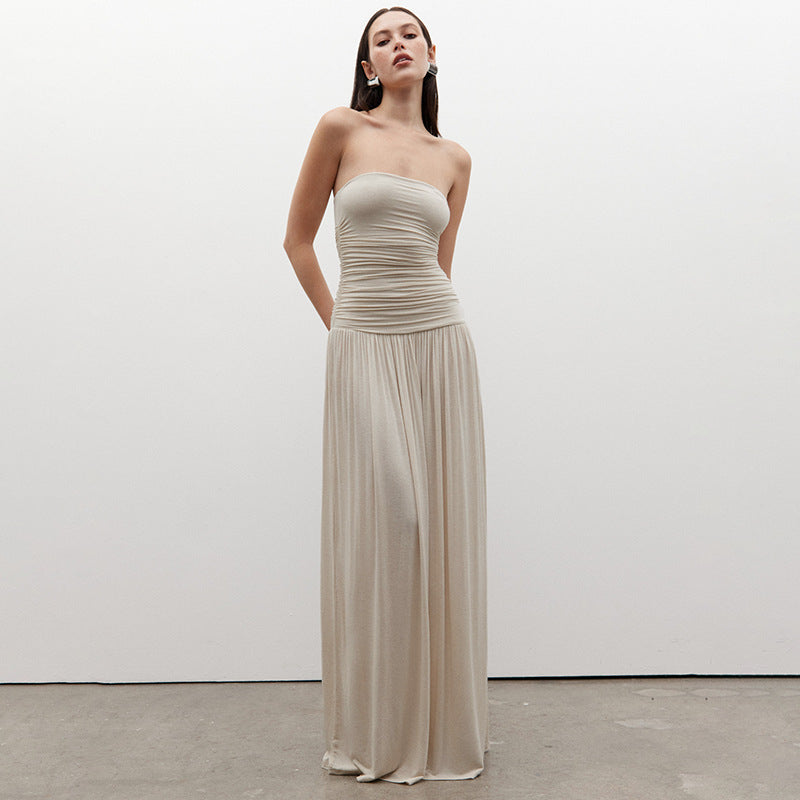 Women's Strapless Bandeau Maxi Dress, Ruched Torso High Waist Flowy Pleated Long Dress