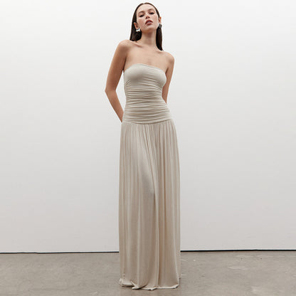 Women's Strapless Bandeau Maxi Dress, Ruched Torso High Waist Flowy Pleated Long Dress