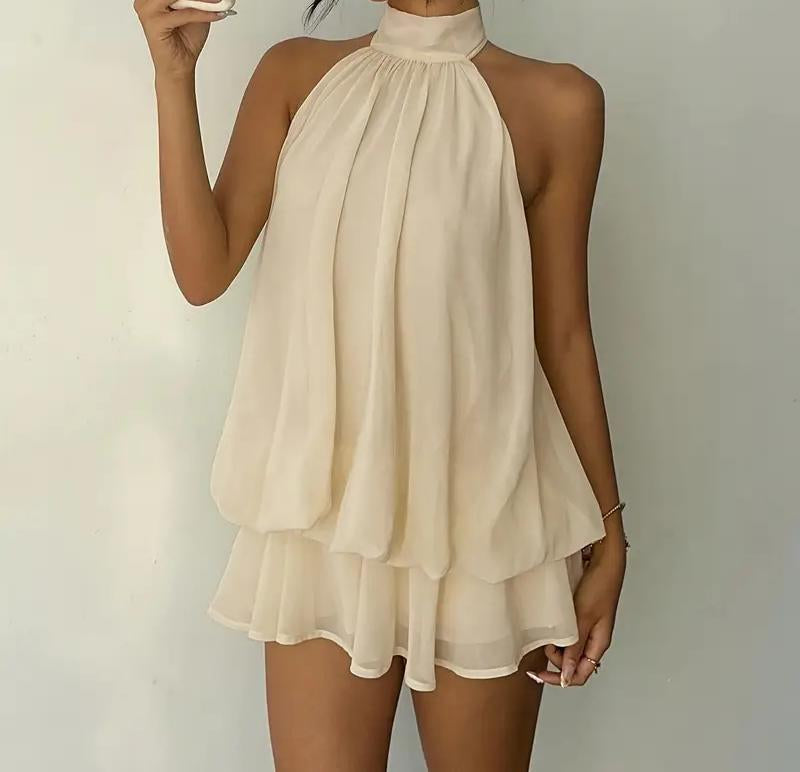 Women Halter Neck Sleeveless Chiffon Mini Dress Layered Ruffle Loose Swing Short Dress