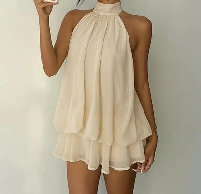 Women Halter Neck Sleeveless Chiffon Mini Dress Layered Ruffle Loose Swing Short Dress