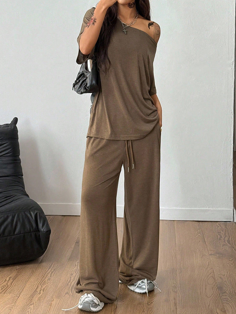 Off-shoulder short-sleeved top and drawstring wide-leg trousers two-piece set