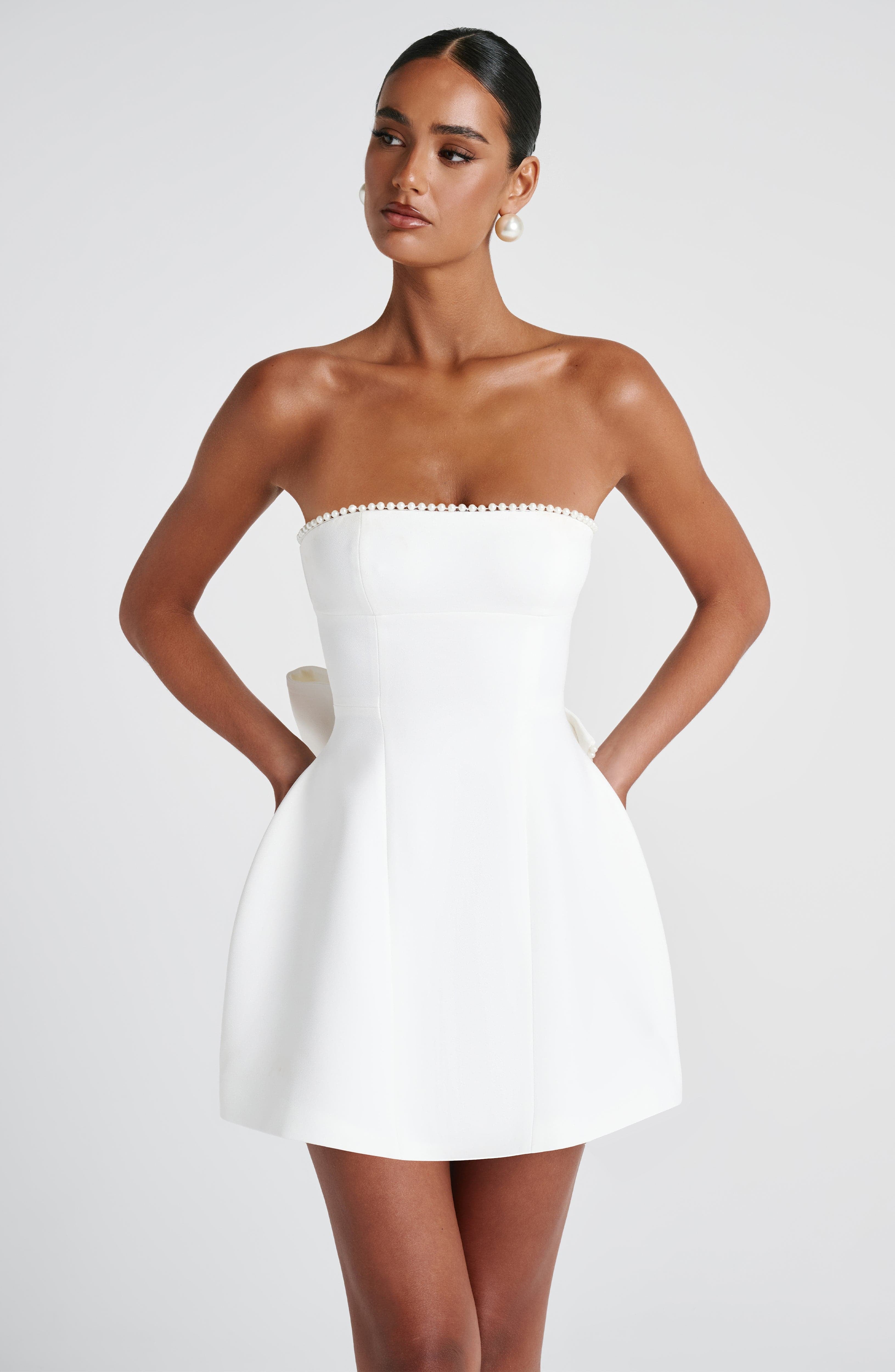 Pearl Bow Strapless A-Line Mini Dress