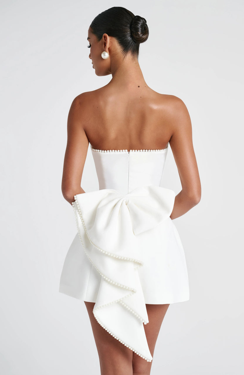 Pearl Bow Strapless A-Line Mini Dress